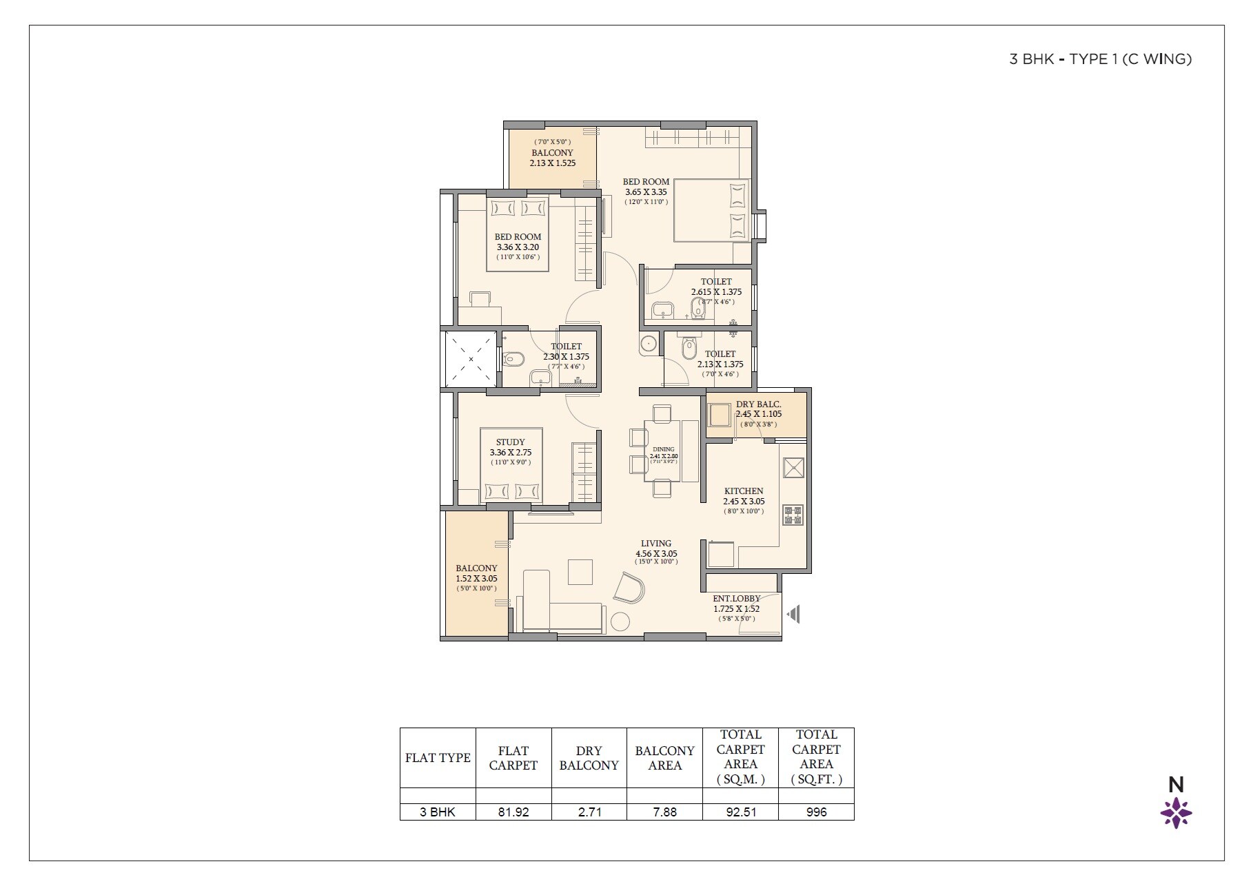 Floor plan of 3 BHK 996 Sq. Ft. Apartment in Nivasa Ananya, Pune