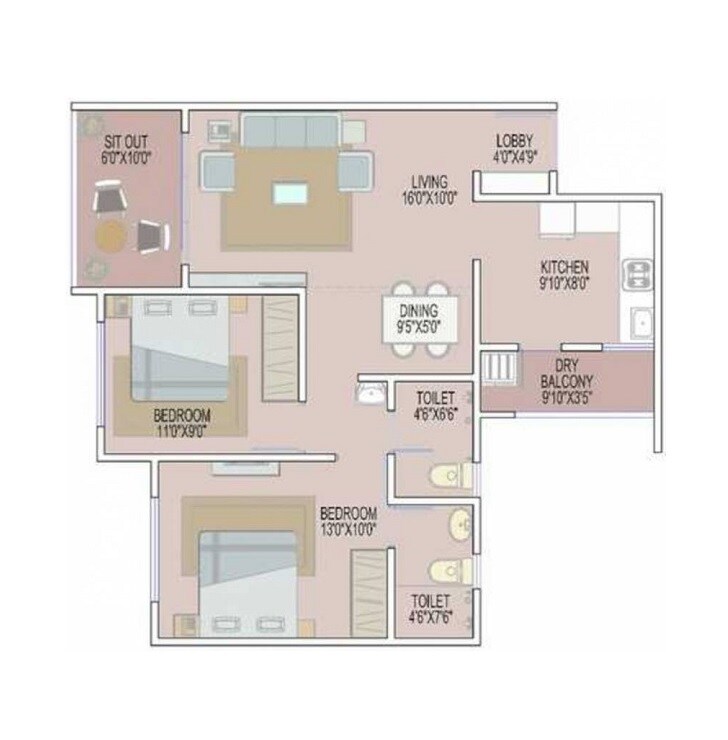Floor plan of 2 BHK 837 Sq. Ft. Apartment in Nivasa Elevia, Pune