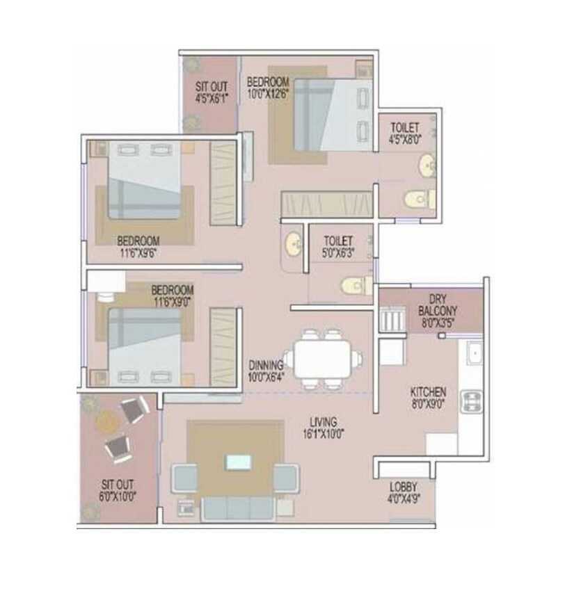 Floor plan of 3 BHK 981 Sq. Ft. Apartment in Nivasa Elevia, Pune