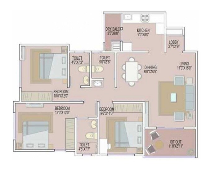Floor plan of 3 BHK 1169 Sq. Ft. Apartment in Nivasa Elevia, Pune