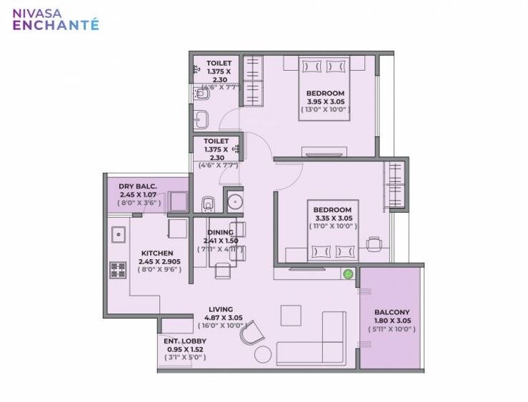 Floor plan of 2 BHK 787 Sq. Ft. Apartment in Nivasa Enchante, Pune