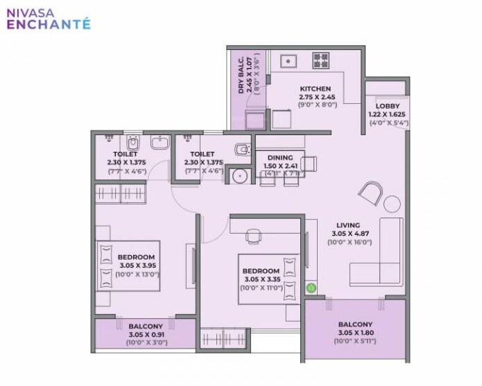 Floor plan of 2 BHK 800 Sq. Ft. Apartment in Nivasa Enchante, Pune