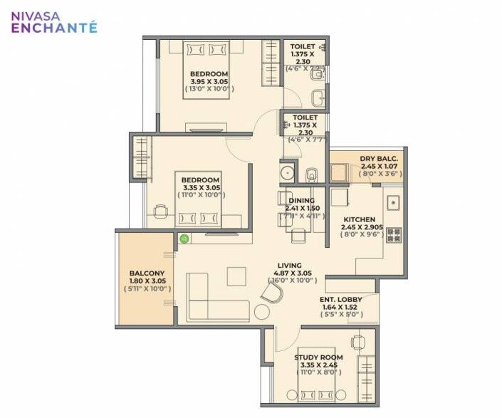 Floor plan of 3 BHK 833 Sq. Ft. Apartment in Nivasa Enchante, Pune