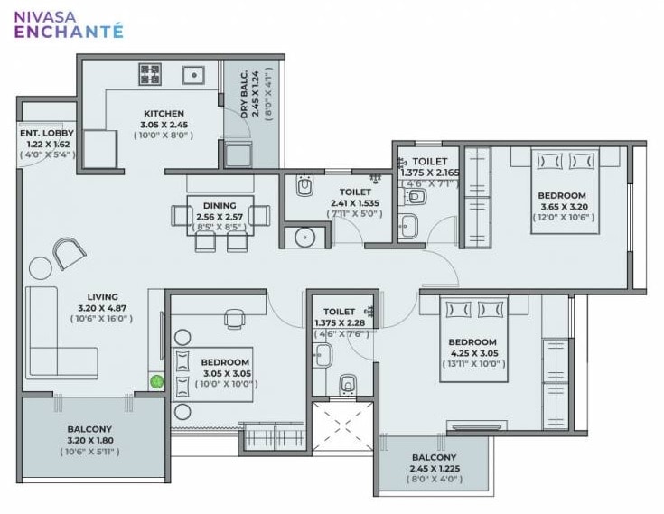 Floor plan of 3 BHK 1049 Sq. Ft. Apartment in Nivasa Enchante, Pune