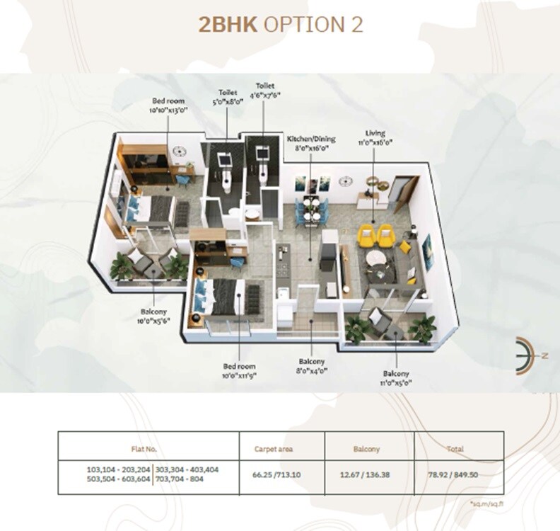 2 BHK 849 Sq. Ft. Apartment