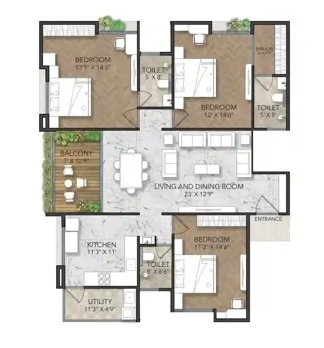 Floor plan of 3 BHK 1394 Sq. Ft. Apartment in Northern Marwa, Pune