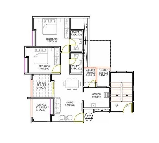 Floor plan of 3 BHK Apartment - 906 sq. ft. in Notting Hills, Pune