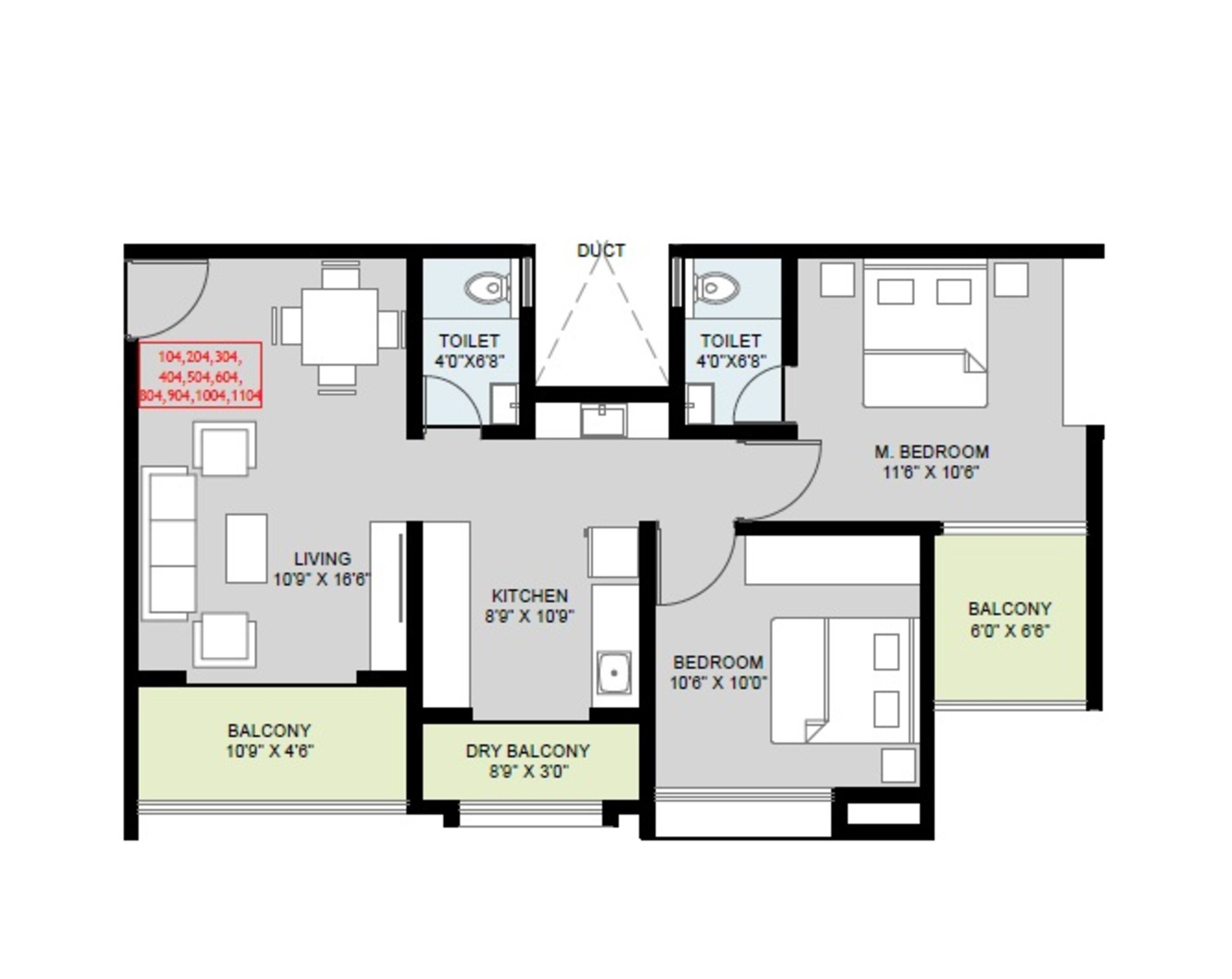 Floor plan of 2 BHK 733 Sq. Ft. Apartment in NP Meridian Square, Pune