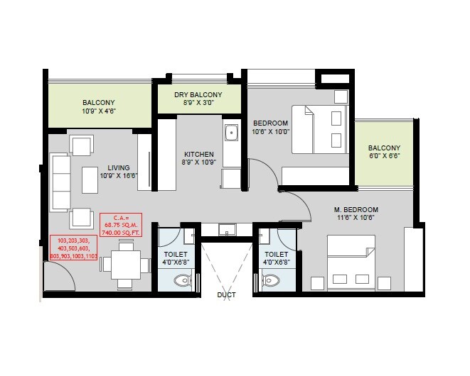 Floor plan of 2 BHK 740 Sq. Ft. Apartment in NP Meridian Square, Pune