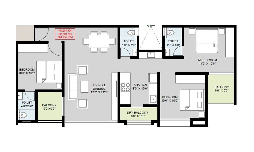 Floor plan of 3 BHK 990 Sq. Ft. Apartment in NP Meridian Square, Pune