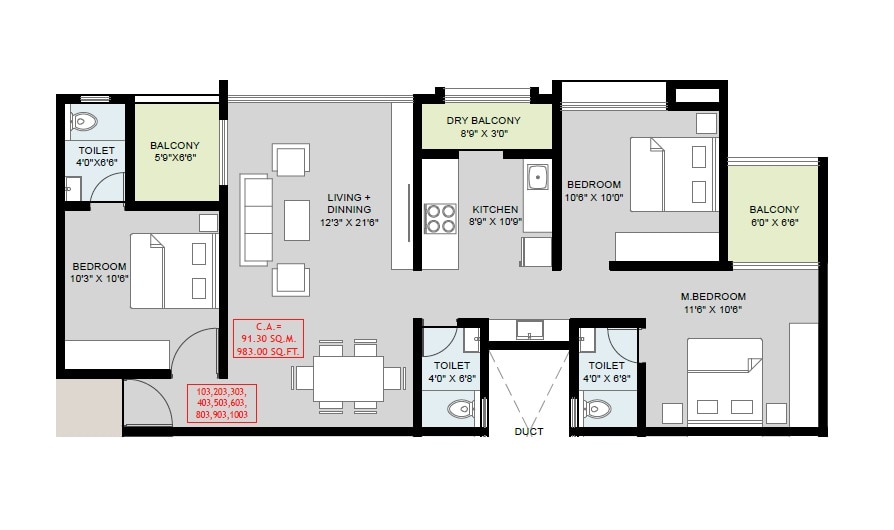Floor plan of 3 BHK 983 Sq. Ft. Apartment in NP Meridian Square, Pune