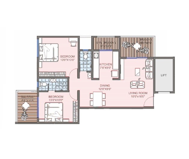 Floor plan of 2 BHK 951 Sq. Ft. Apartment in Nutan Swamipushpa, Pune