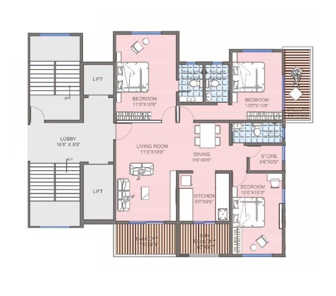 Floor plan of 3 BHK 1182 Sq. Ft. Apartment in Nutan Swamipushpa, Pune