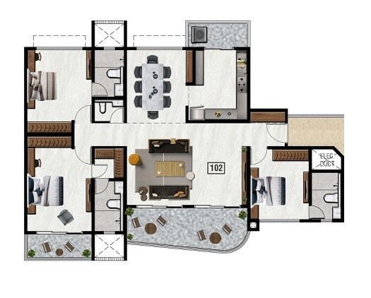 Floor plan of 3 BHK 1300 Sq. Ft. Apartment in Nyati Defence Enclave, Pune