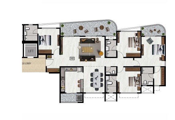 Floor plan of 4 BHK 1520 Sq. Ft. Apartment in Nyati Defence Enclave, Pune