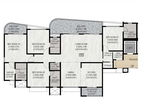 Floor plan of 4 BHK 1552 Sq. Ft. Apartment in Nyati Defence Enclave, Pune