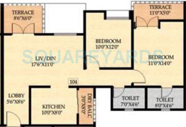 Floor plan of 2 BHK 1064 Sq. Ft. Apartment in Nyati Ebony, Pune