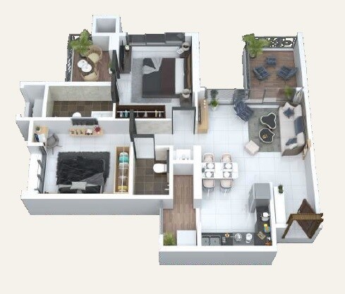 Floor plan of 2 BHK 556 Sq. Ft. Apartment in Nyati Ekaant, Pune