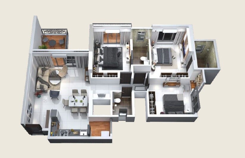 Floor plan of 3 BHK 771 Sq. Ft. Apartment in Nyati Ekaant, Pune
