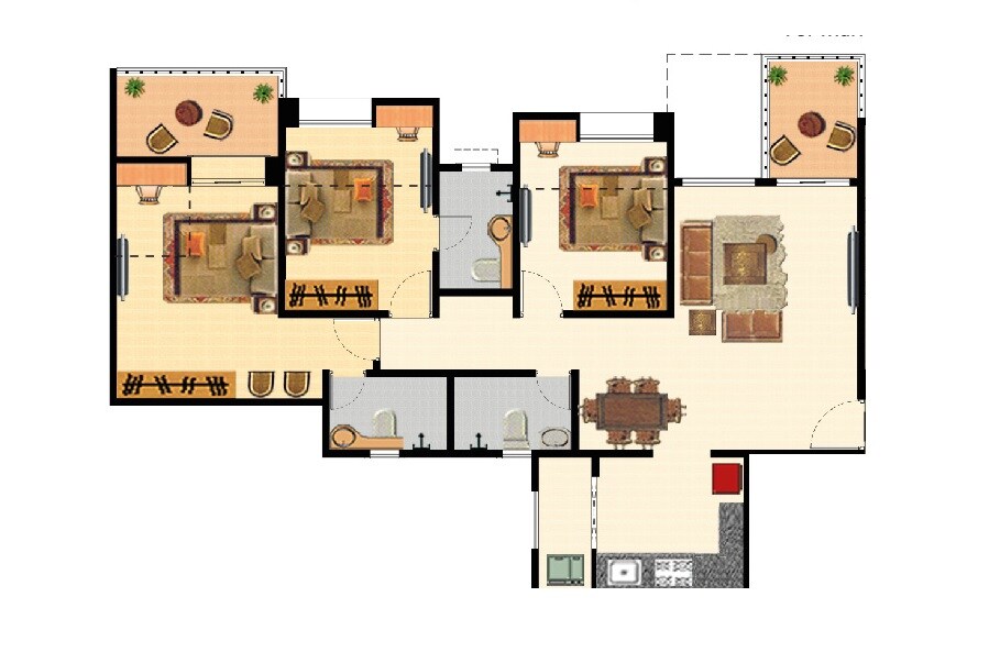 Floor plan of 3 BHK Apartment - 807 sq. ft. in Nyati Elan, Pune