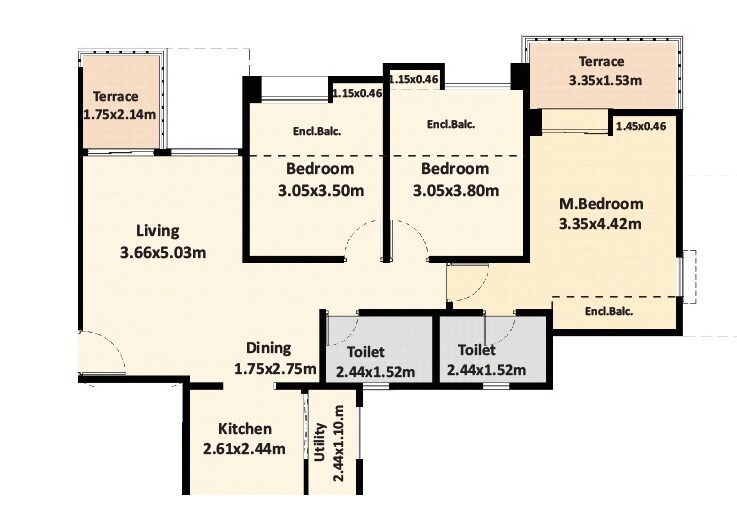 Floor plan of 3 BHK Apartment - 811 sq. ft. in Nyati Elan, Pune