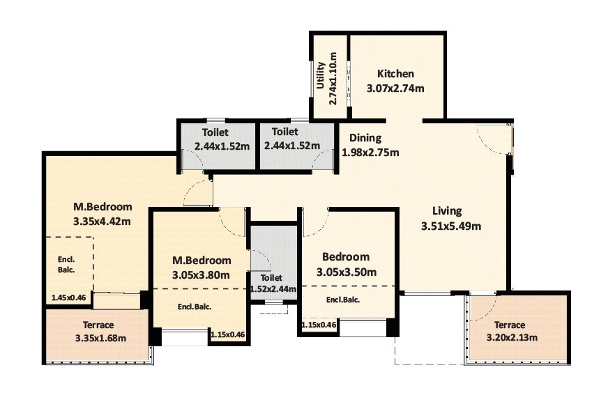 Floor plan of 3 BHK Apartment - 816 sq. ft. in Nyati Elan, Pune