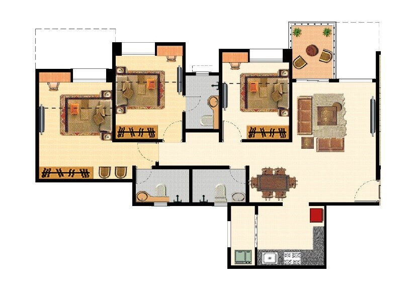 Floor plan of 3 BHK Apartment - 820 sq. ft. in Nyati Elan, Pune