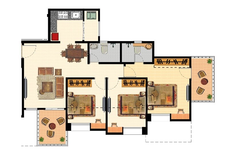 Floor plan of 3 BHK Apartment - 823 sq. ft. in Nyati Elan, Pune