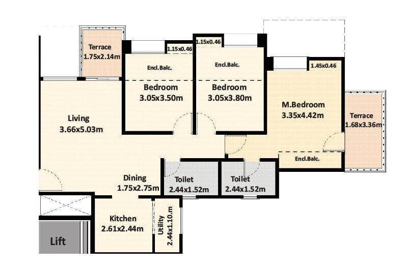 Floor plan of 3 BHK Apartment - 826 sq. ft. in Nyati Elan, Pune