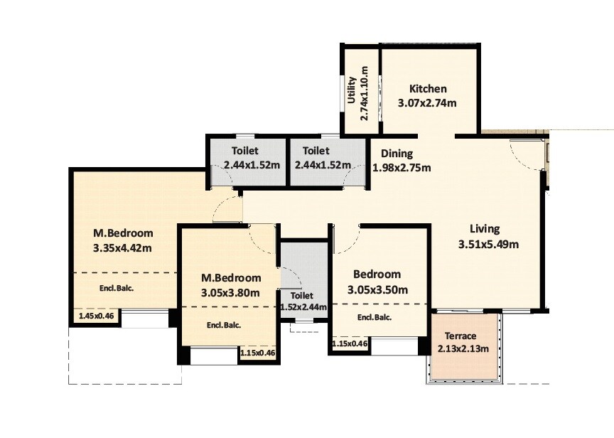 Floor plan of 3 BHK Apartment - 919 sq. ft. in Nyati Elan, Pune
