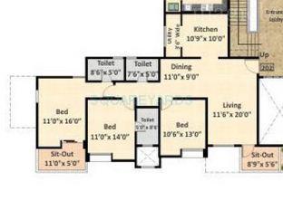 Floor plan of 3 BHK Apartment - 585 sq. ft. in Nyati Elan, Pune