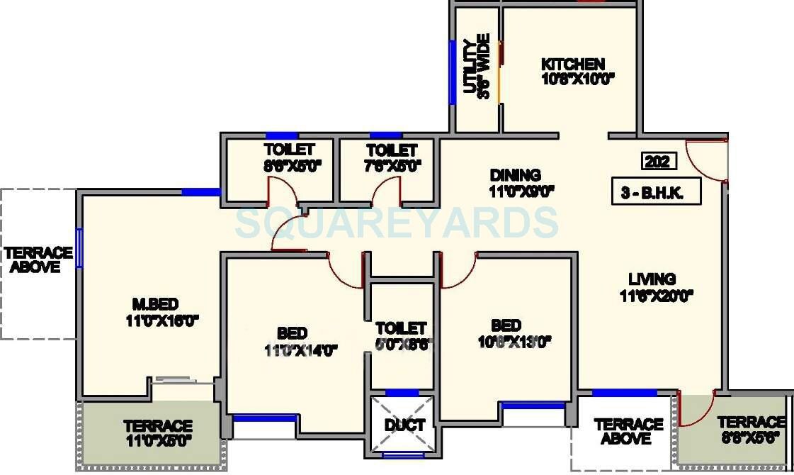 Floor plan of 3 BHK Apartment - 808 sq. ft. in Nyati Elan, Pune