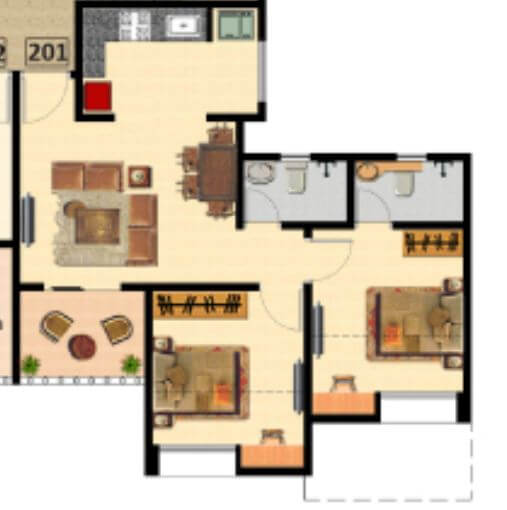 Floor plan of 2 BHK 527 Sq. Ft. Apartment in Nyati Elan South East I, Pune