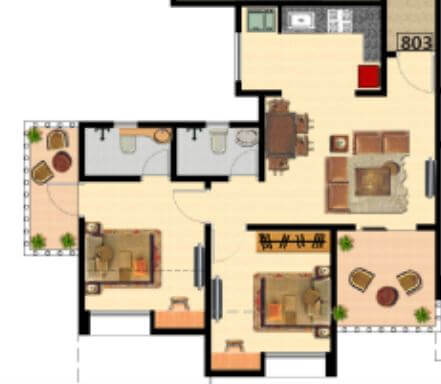 Floor plan of 2 BHK 651 Sq. Ft. Apartment in Nyati Elan South East I, Pune