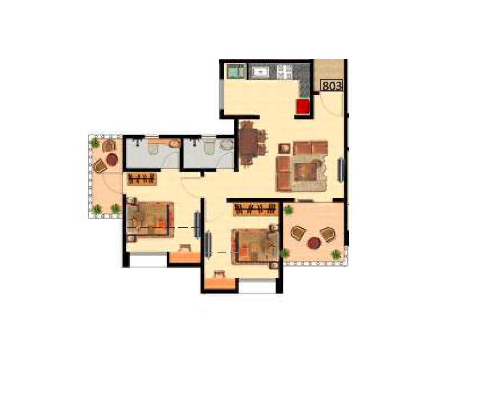 Floor plan of 2 BHK 600 Sq. Ft. Apartment in Nyati Elan West 3, Pune