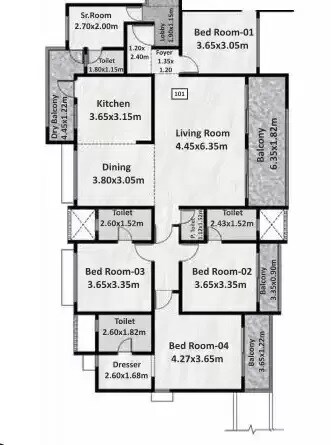 Floor plan of 4 BHK 1986 Sq. Ft. Apartment in Nyati Elite, Pune
