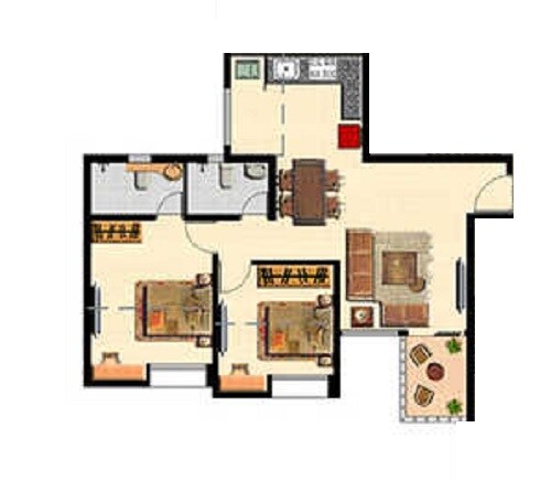 Floor plan of 2 BHK 637 Sq. Ft. Apartment in Nyati Elysia, Pune