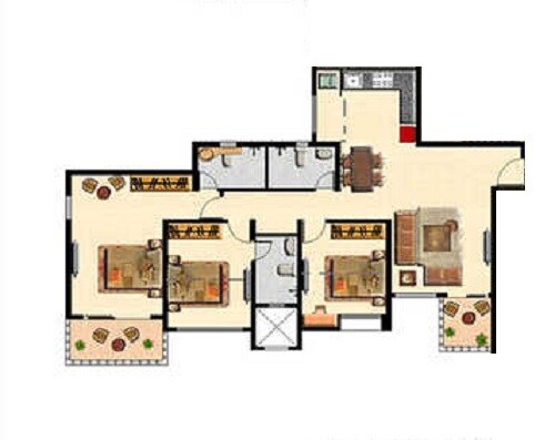 Floor plan of 3 BHK 935 Sq. Ft. Apartment in Nyati Elysia, Pune