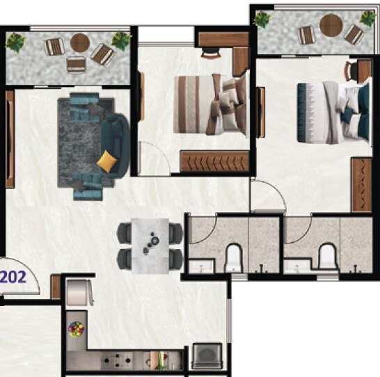 Floor plan of 2 BHK 838 Sq. Ft. Apartment in Nyati Emerald, Pune