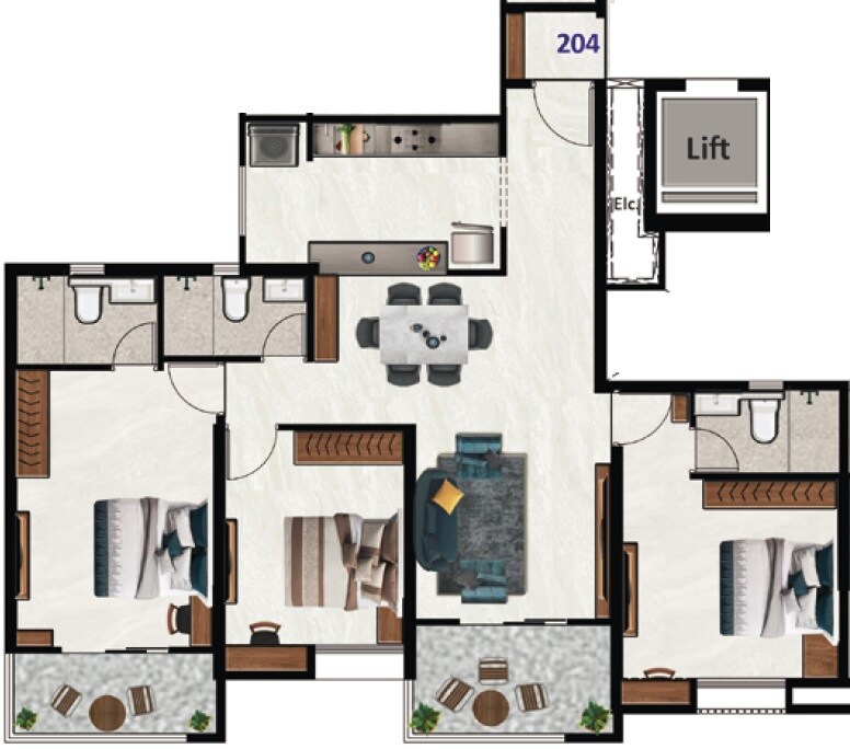 Floor plan of 3 BHK 1213 Sq. Ft. Apartment in Nyati Emerald, Pune