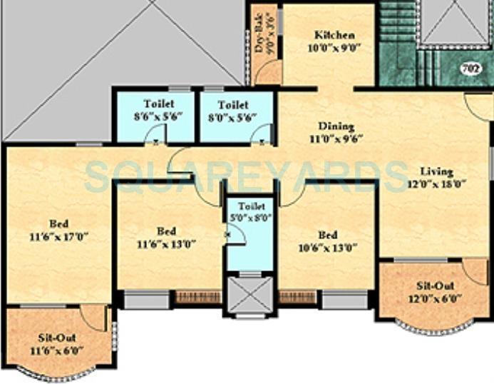 Floor plan of 3 BHK 1300 Sq. Ft. Apartment in Nyati Enclave, Pune