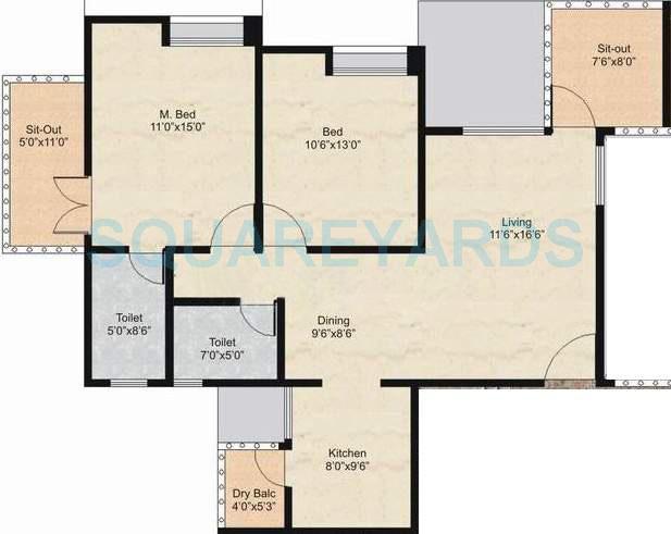 Floor plan of 2 BHK 1193 Sq. Ft. Apartment in Nyati Environ, Pune