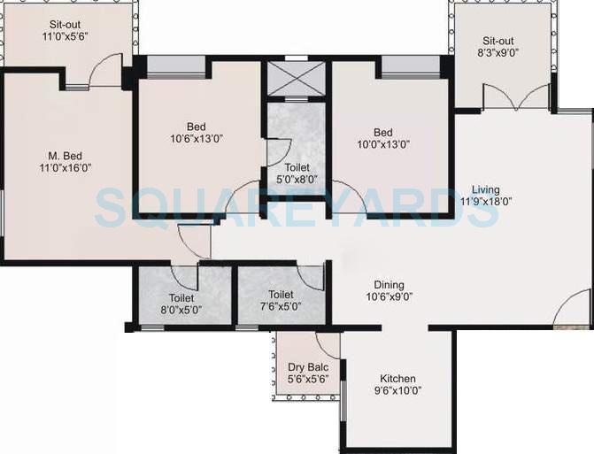 Floor plan of 3 BHK 1420 Sq. Ft. Apartment in Nyati Environ, Pune