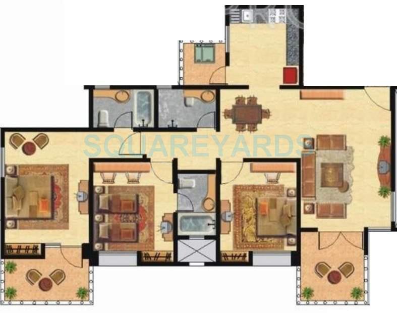 Floor plan of 3 BHK 1500 Sq. Ft. Apartment in Nyati Environ, Pune