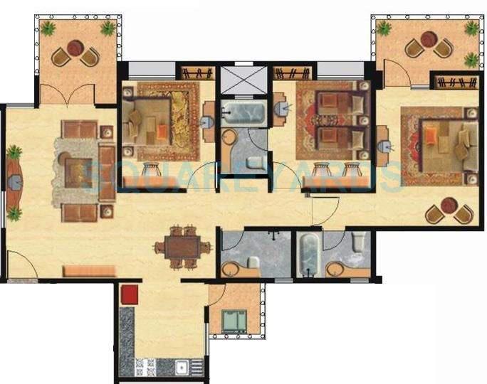 Floor plan of 3 BHK 1595 Sq. Ft. Apartment in Nyati Environ, Pune