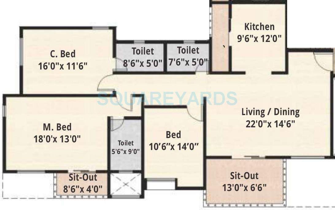 Floor plan of 3 BHK 1673 Sq. Ft. Apartment in Nyati Epitome, Pune