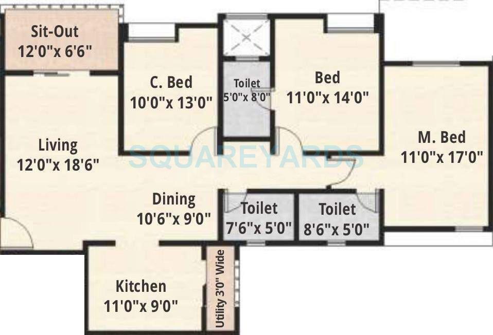 Floor plan of 3 BHK 1921 Sq. Ft. Apartment in Nyati Epitome, Pune