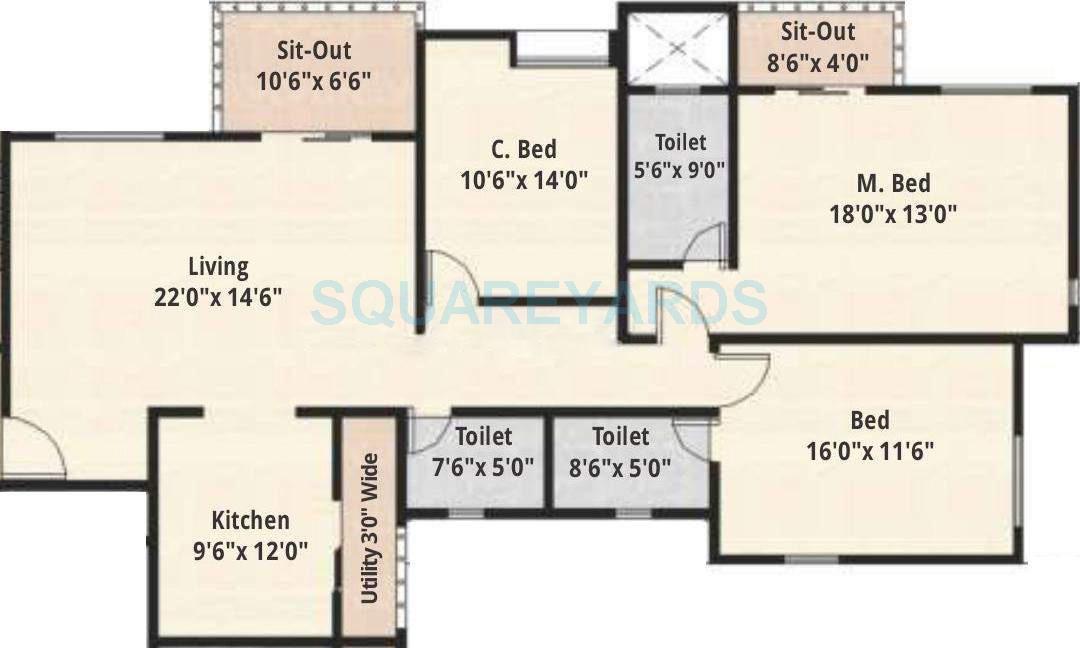 Floor plan of 3 BHK 2017 Sq. Ft. Apartment in Nyati Epitome, Pune