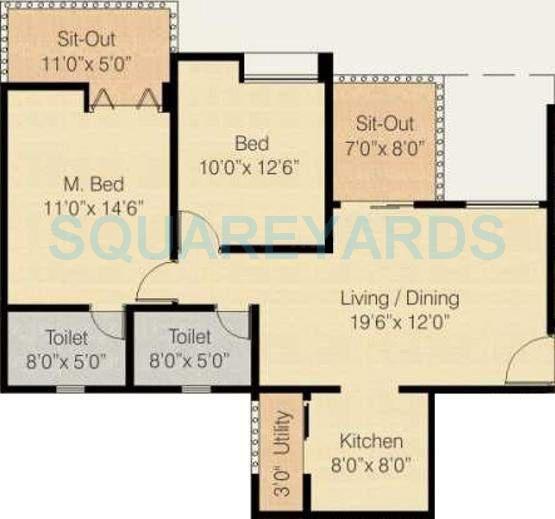 Floor plan of 2 BHK 1040 Sq. Ft. Apartment in Nyati Equatorial, Pune