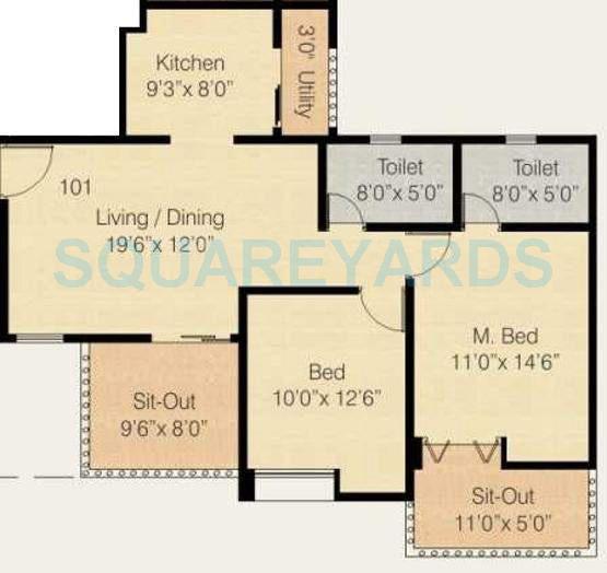 Floor plan of 2 BHK 1100 Sq. Ft. Apartment in Nyati Equatorial, Pune